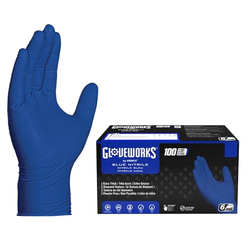 GLOVEWORKS HD Royal Blue Nitrile Industrial Disposable Gloves, 6 Mil Latex-Free, Raised Diamond Texture, XX-Large, Box of 100