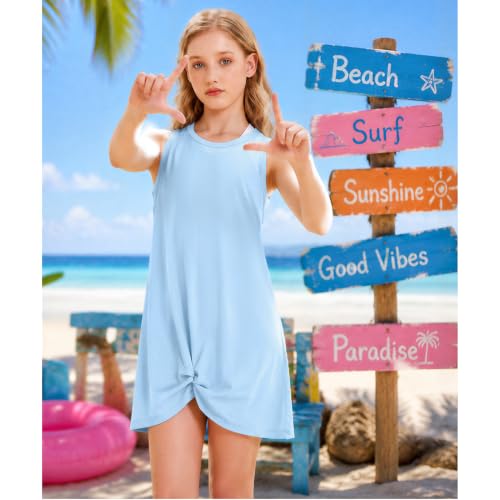 Girls Sleeveless Swim Cover Up Dress with Pockets - Blue, 12-13 Years