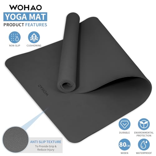Extra Wide 8mm Yoga Mat - Non-Slip, Black, 72"x31.5"