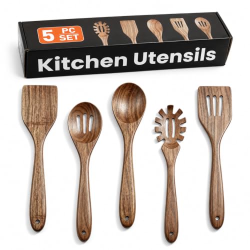 KITEISCAT Acacia Wooden Spoons for Cooking: 5-Piece Kitchen & Cooking