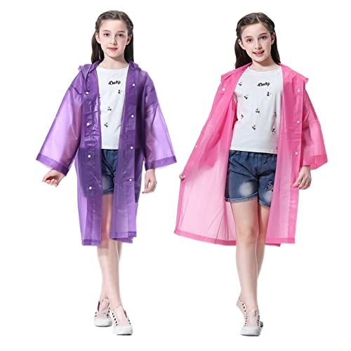 Kids Rain Poncho - Reusable EVA Raincoat with Hood, Pink+Purple