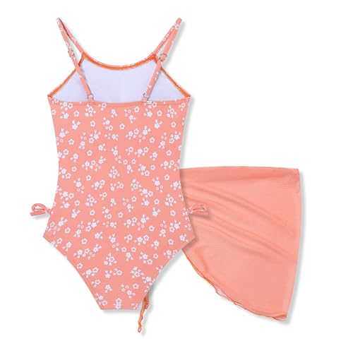 Girls Floral One-Piece Swimsuit & Cover-Up Skirt Set - Orange, 12-13 Years