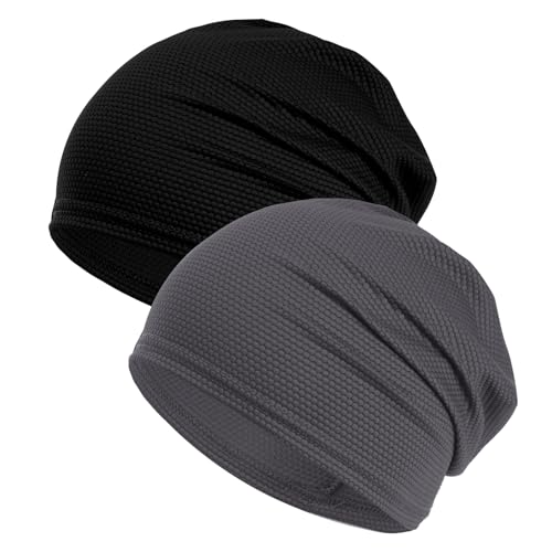 Breathable Summer Running Caps - 3 Pack Beanie Skull Caps - Black & Grey