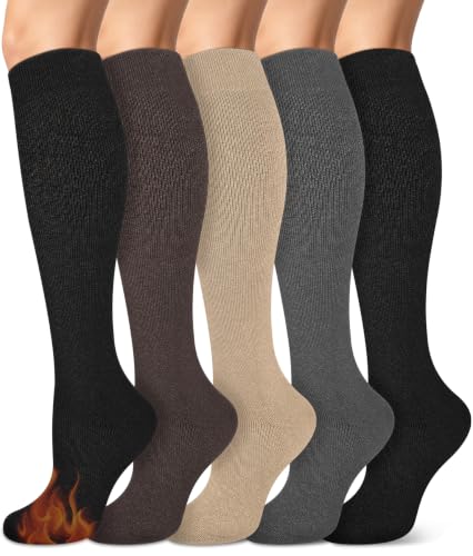 Women's Thermal Knee High Socks - Thick Cotton Hiking Boot Socks, One Size, Black/Brown