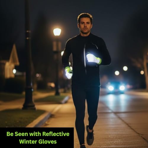 ReflecToes Yellow Large Reflective Winter Running Gloves Men - Hi Vis Neon Traffic Gloves