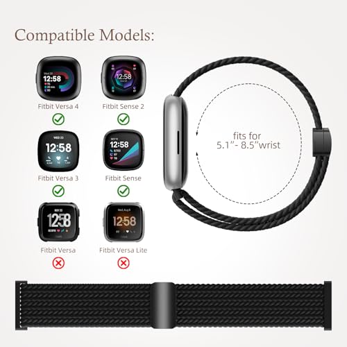 Braided Stretchy Magnetic Band for Fitbit Versa 4 - Black, 5.51-8.66" Wrist