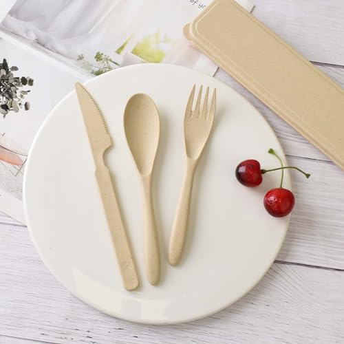 Travel Utensil Set - 4 Pack Beige Cutlery with Case (21x6x2.5cm)