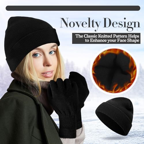 Winter Beanie Hat and Gloves Set - Black