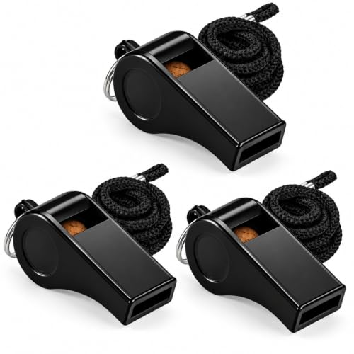SPORTIC 3 Pack Black Loud Plastic Whistles with Lanyards for Coaches, Referees, Training, Emergency