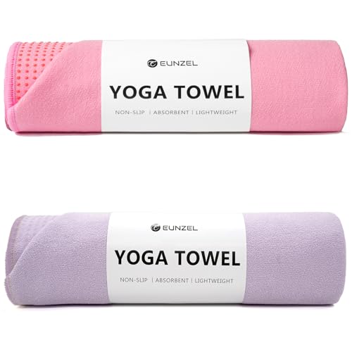 Eunzel 2 Pack Non Slip Yoga Towels with Grip Dots, Sweat Absorbent for Hot Yoga, Pilates, Taro Purple/Pink 72" x 24"