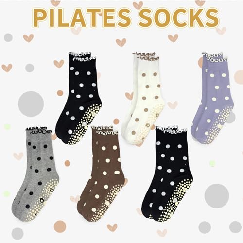 Non-Slip Yoga Socks with Grips - 3 Pairs Ruffle Cuff Crew - Gray