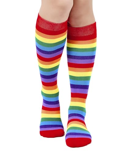 Knee High Socks for Women - Novelty Holiday Print - Red-Rainbow