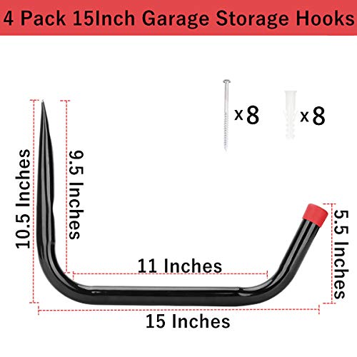 Heavy Duty Garage Storage Hooks,15Inch Jumbo Arm Kayak Wall Hangers 100 LB Capacity, Steel Canoe Rack for Outdoor or Indoor
