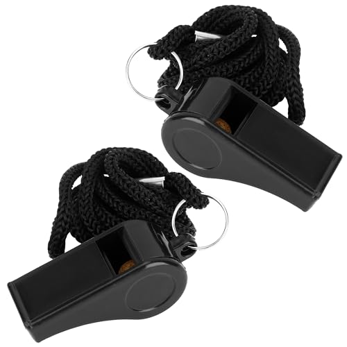Loud Plastic Coach Whistle with Lanyard - Black 2 Pack
