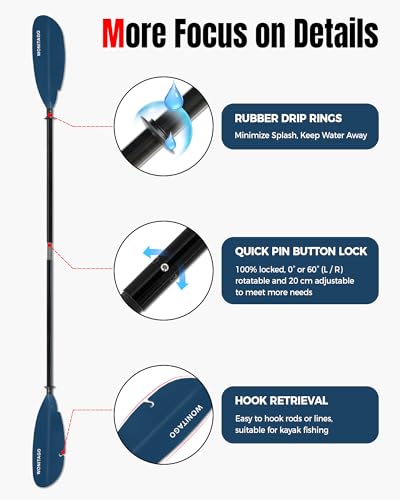 WONITAGO Adjustable Fiberglass Kayak Paddle 240-260cm Blue Lightweight Fishing Oar