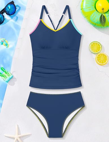 Girls 2-Piece Tankini Swimsuit V-Neck Contrast Trim - Dark Blue, 9-10 Years
