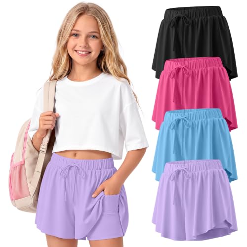Girls Athletic Butterfly Short Skort - 4 Pack 9-10 Years - Purple, Blue, Red, Black