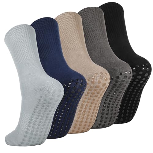Non-Slip Pilates Crew Socks with Grips - Large - Black, White, Gray, Beige, Navy