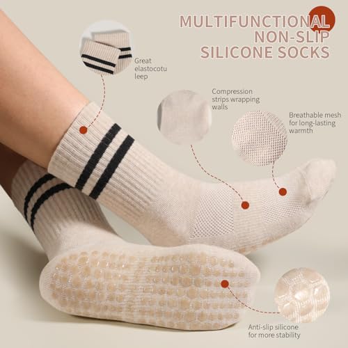 Pilates Socks for Women with Grips - 4 Pairs, Sizes 6-9/9-11, Khaki+Gray+Black+White