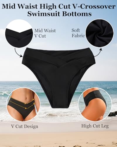 Daci Women Cheeky High Cut Bikini Bottoms - Black, Medium - V Cut, Mid Rise Swimwear