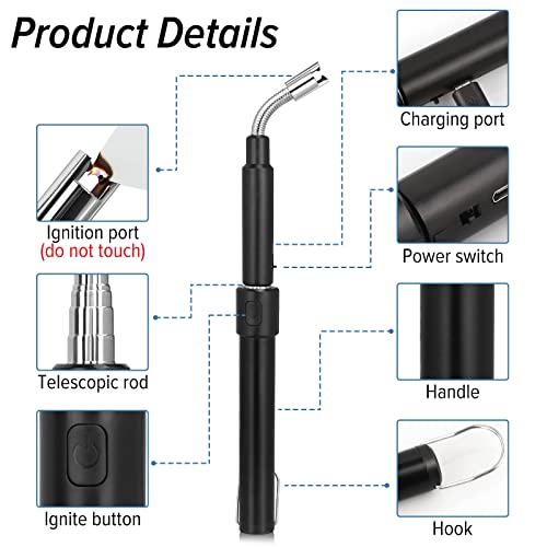 Kungsana Black Rechargeable Long Arc Lighter with Retractable 27.55in Flexible Neck