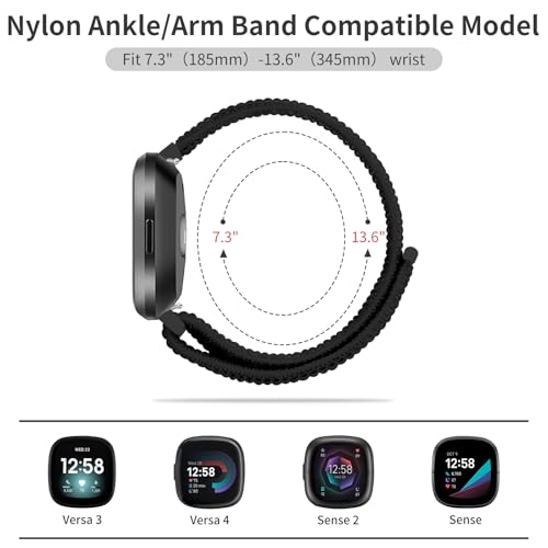 Elastic Nylon Sport Arm/Ankle Band - Dark Black for Fitbit Versa & Sense