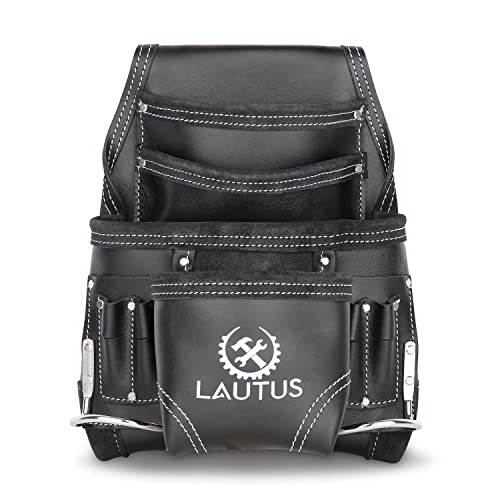 LAUTUS Oil Tanned Leather Tool Pouch Bag | Black | Carpenter, Construction, Framers, Handyman | 10 Pockets, 2 Hammer Holders | 100% Leather