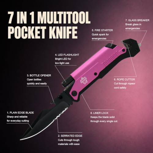 Pink Camping Multi-Tool Knife for Women with LED Light & Fire Starter