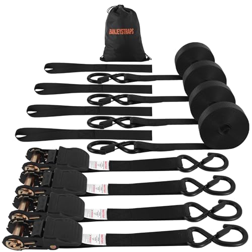 Black 20FT Heavy Duty Ratchet Straps 4-Pack - Industrial Tie Downs for Flatbed & Equipment