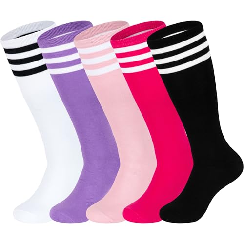 Kids Soccer Socks - Youth Knee High Athletic Socks, 5 Pack (Pink, Rose Red, Purple, White, Black) - Ages 6-9