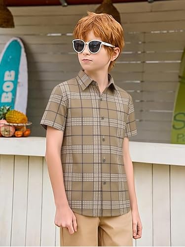 Boys Button Down Short Sleeve Plaid Dress Shirt - Khaki, 10 Years