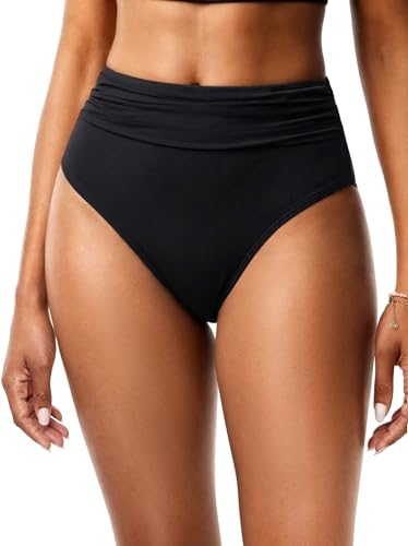 Women's High Waisted Black Bikini Bottoms Large High Cut Tummy Control Swimwear