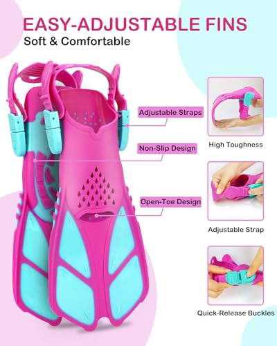 Purple Kids Snorkel Set with Mask Fins & Mesh Bag - Ages 5-14, Adjustable Fins & Dry Top Snorkel