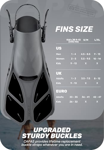 Travel Size Snorkel Fins - Adjustable Lightweight Short Flippers - Black L/XL