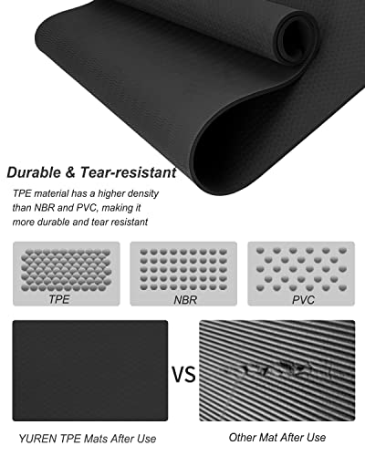 Black YR Yoga Mat 76x35 Inch Non Slip Exercise Mat 10mm Thick for Yoga & Workout