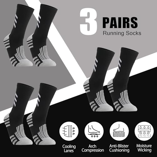 Athletic Compression Crew Socks for Men and Women - 3 Pairs - Black