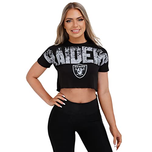 Las Vegas Raiders Womens Distressed Logo Petite Crop Top Shirt - FOCO NFL Fan Apparel