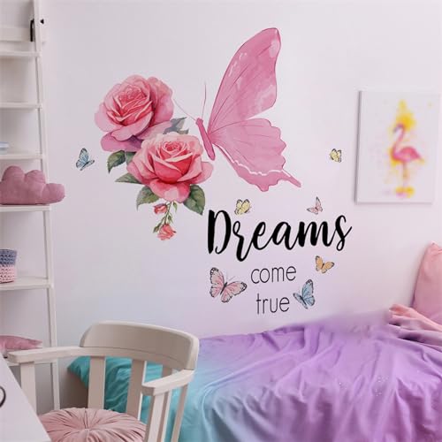 Pink Rose Butterfly Inspirational Quotes Wall Stickers, sacinora DIY Dreams Come True Wall Decals Removable Vinyl Peel and Stick for Living Room Bedroom Kids Baby Nursery Art Decorations