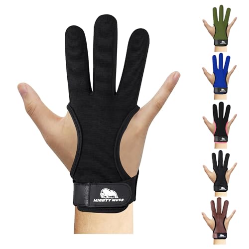 Genuine Leather 3 Finger Archery Glove - Black 4-Way Stretch Fabric, Medium