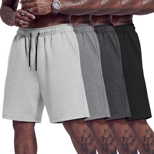 Men's Athletic Shorts 9 Inch Inseam, 4 Pack, Black & Gray, Large