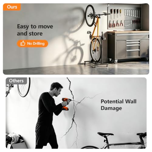Black 1 Pack Vertical Bike Stand with Wheels, Adjustable Indoor Bicycle Storage Rack for Road, MTB & Hybrid Bikes up to 29"