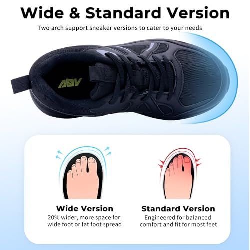 GyeBea Women's Wide Fit Walking Shoes for Plantar Fasciitis, Arch Support Sneakers Black/Grey 9W