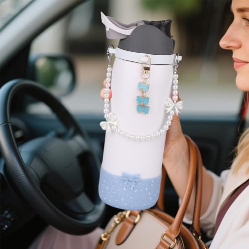 Wututir 32oz Blue Water Bottle Accessories Set with Bow Handle Strap & Silicone Bling Boot for Owala