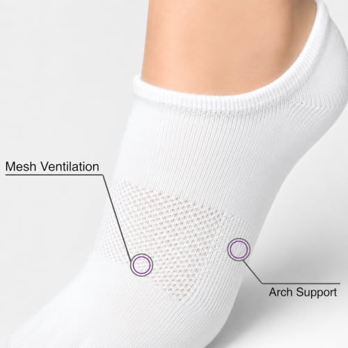 Soxsense Women’s No-Show Toe Socks Medium White - 4 Pairs, Premium Cotton