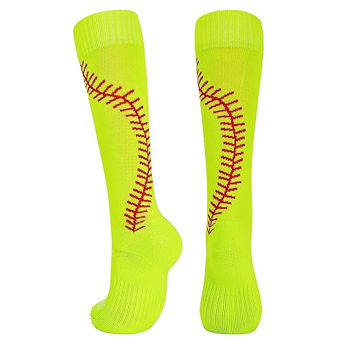 Knee High Softball Socks with Stitches - Neon Yellow - Medium