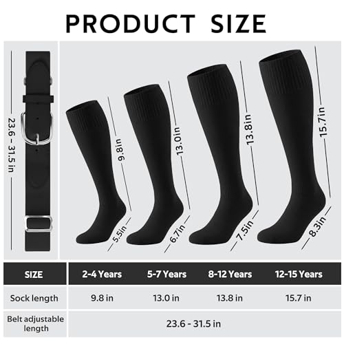 Cooraby Youth Baseball Socks and Belt Set for Boys & Girls - Black, 8-12 Years