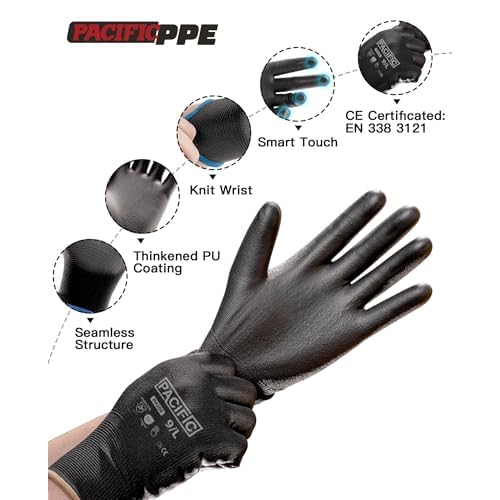 PACIFIC PPE 18 Pairs Work Gloves, PU Coated Seamless Knit Gloves, Touchscreen Safety Gloves with Grip, Ideal for General Duty Work, Men and Women, Black, Large