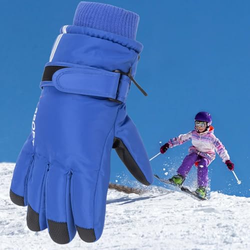 Kids Winter Ski Snow Gloves - Waterproof Mittens for Ages 5-10 - Blue