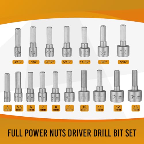 23 Pcs Power Nuts Driver Drill Bit Tools Set 1/4'' Driver Hex Shank Keys Metric Socket Wrench Screw Impact Bit Set for Power Tools, Electric Drills Screwdrivers Socket Wrench