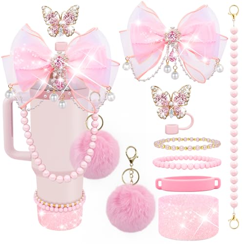 LBU Pink Bling Stanley Cup Accessories Set – 40/30/20 Oz Tumbler Charms & Bow Topper